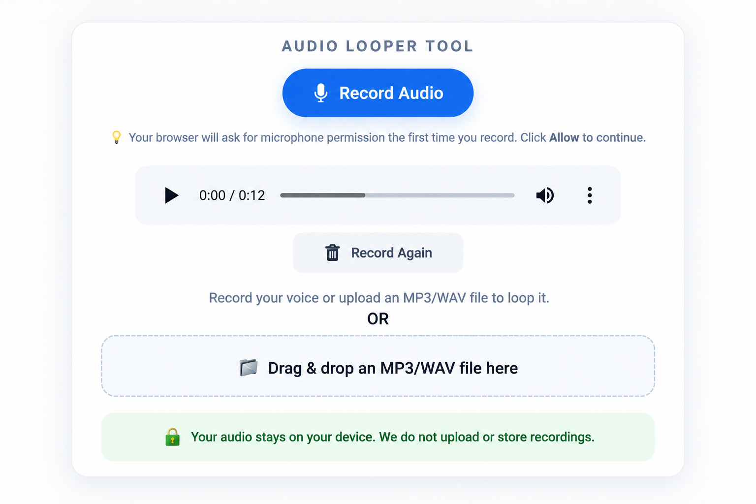 LoopMyAudio audio playback screen after recording has finished