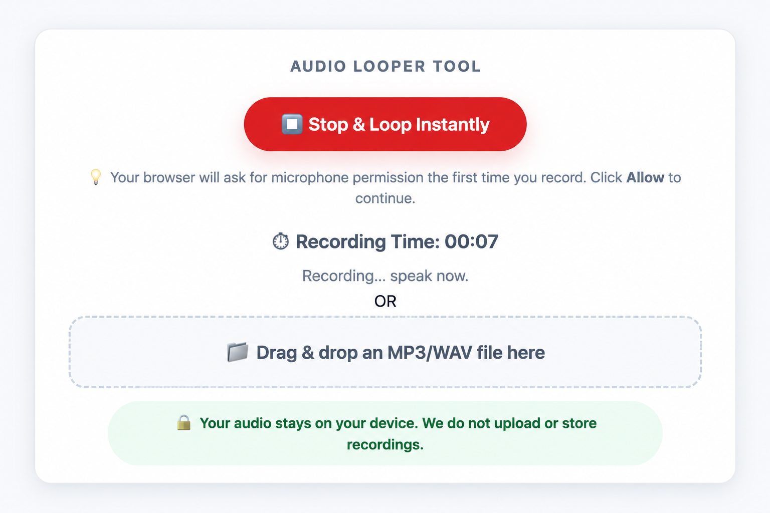 LoopMyAudio recording in progress with timer and Stop and Loop Instantly button