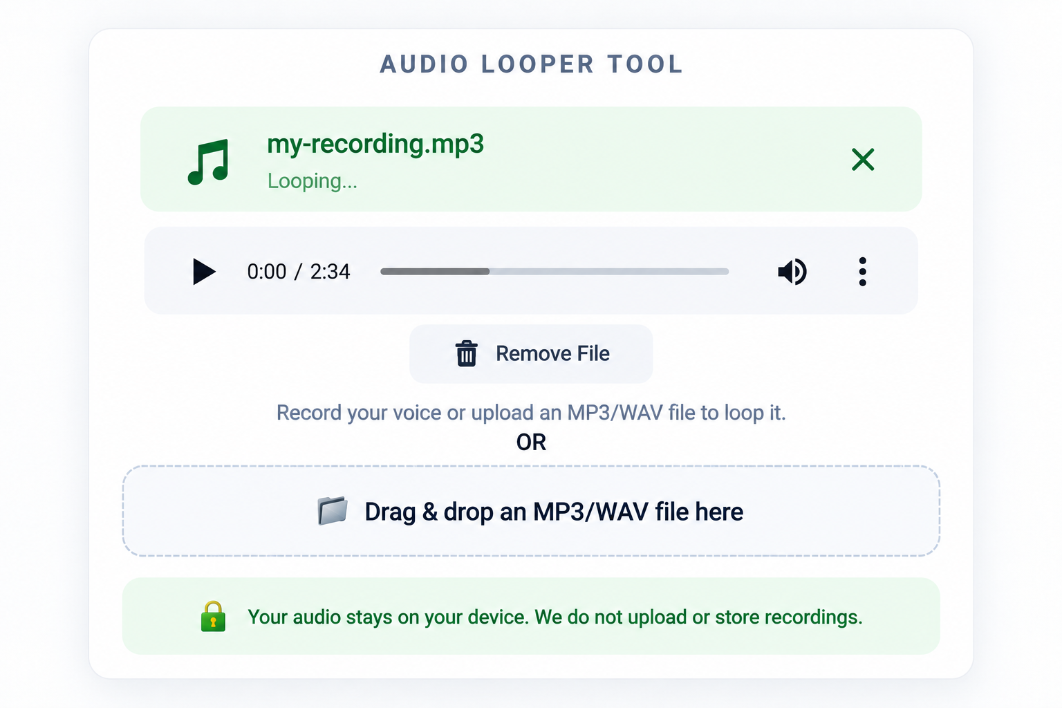 LoopMyAudio playing an uploaded MP3 file in a continuous loop